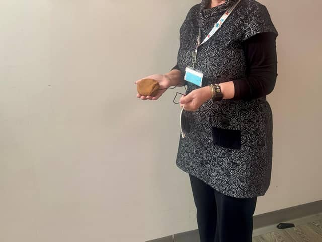 Ros with one of the new soft touch call buzzers that LTHC has bought to help patients on the neurological ward at the Royal Preston Hospital