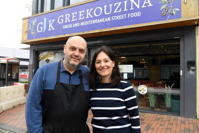 Christina Laporda and her husband Bill Karastergios, owners of Greekouzina in Preston, which opened in December 2021.