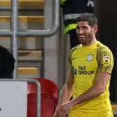 Preston North End's Ched Evans laughs after he fouls Rotherham United's Chiedozie Ogbene