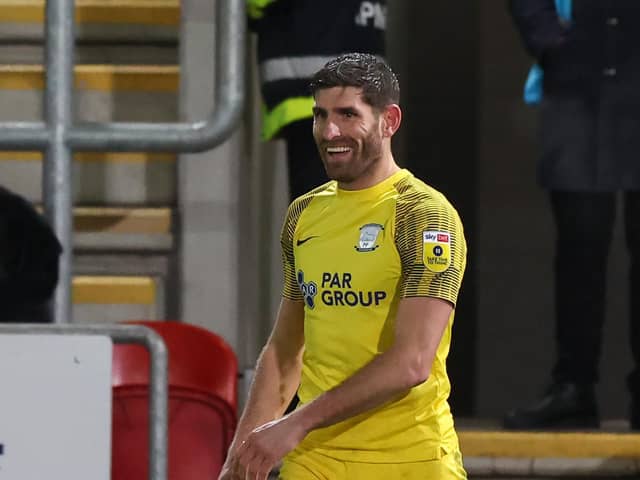 Preston North End's Ched Evans laughs after he fouls Rotherham United's Chiedozie Ogbene