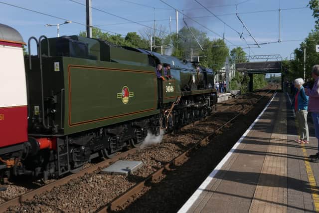 The 34046 Braunton is the first steam train to pick up passengers in Euxton Balshaw Lane Station in more than 50 years.