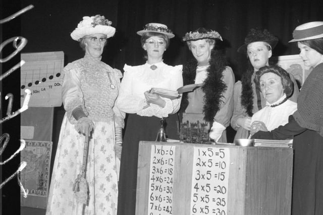 A scene from "Unto Which It Shall Please God" performed by Hutton and Howick Townswomen's Guild on the first night of Preston and District Townswomen's Guild's four-day drama festival. Left to right: Marjorie Ainsworth, Joyce Savory, Joan Pickles, Muriel Corless, Mary Jasper and Doris Thompson