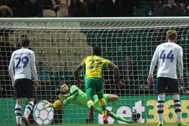 Preston North End goalkeeper Declan Rudd saves a penalty against his former club Norwich City