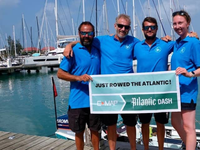 The Brightsides rowing team arrive in Antigua after rowing 3,200 miles across the Atlantic Ocean