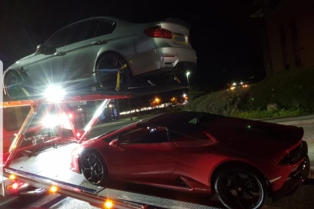 A brand new BMW M3 and a rented Lamborghini were seized in Blackburn after being driven in an antisocial manner in Blackburn 
They were spotted by an unmarked patrol, and stopped.
