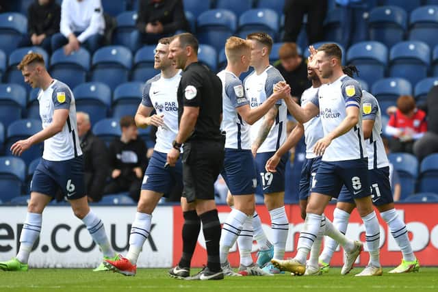 Preston North End skipper Alan Browne is congratulated on scoring his team’s opening goal against Middlesbrough at Deepdale