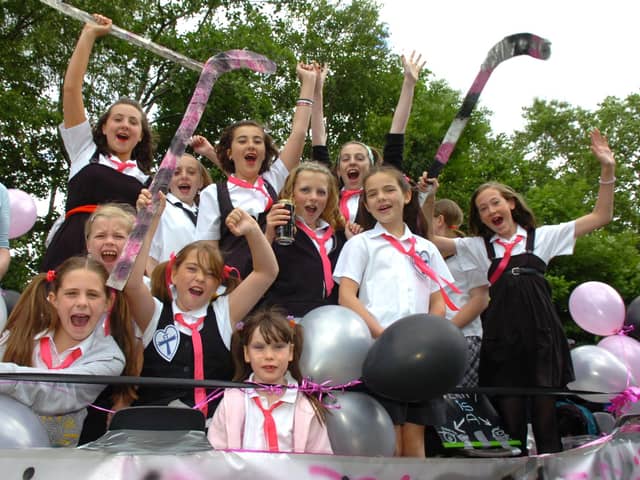 The 2nd Penwortham Guides and 7th Penwortham Brownies in fancy dress as St Trinians back at the 2008 Penwortham Gala