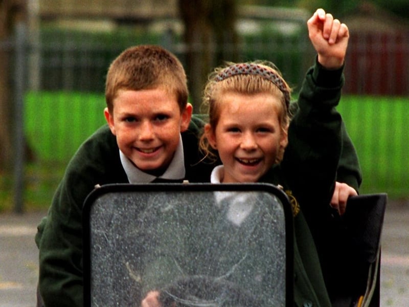 Ian and Heather Wilson, pupils of Greenlands County Primary School, Preston with a car made by their father