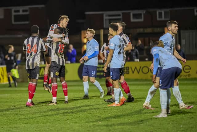 Billy Whitehouse celebrates after completing his hat-trick from the spot (photo: David Airey/dia_Images)