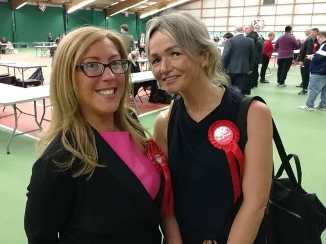 Newly-elected councillors Nicky Peet and Jo Hindle-Taylor, pictured moments after they won both seats in the St. Ambrose ward on South Ribble Borough Council