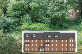 The overgrown site on Water Street where the apartments were proposed to be built (images via Chorley Council planning portal)