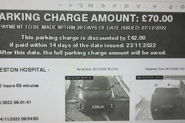 The woman claims her parking charge (pictured) was originally £70, discounted to £42 if paid within 14 days, which was then £20 after her rejected appeal
