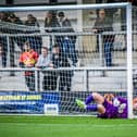 Nick Haughton heads in AFC Fylde's second of the game. Photos: Steve McLellan