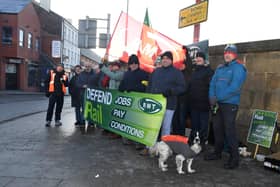 Railway workers strike at Preston Railway Station. Union members are in dispute with the government over pay, jobs and condtions