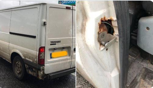 This Ford Transit was stopped at Forton Services. 
An inspection showed that it had a severely under-inflated nearside front tyre and the front anti-roll bar was detached to the nearside.
The drivers door latch was also slightly corroded. It was placed under immediate prohibition.