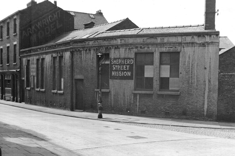 Shepherd Street Mission, Preston c.1950
The first building to house the Dr. Shepherd Library, erected in 1797. In 1850 the library was moved to a room of the Harris Institute, at Avenham. From here it was transferred in 1879 to the old premises of the Literary and Philosophical Institution at the corner of Cross Street. Later it was incorporated in the Harris Reference Library, at the time when the Harris Library and Art Gallery was erected. Shepherd Street derives its name from the Library. The rear of Arkwright House can be seen in the left background.