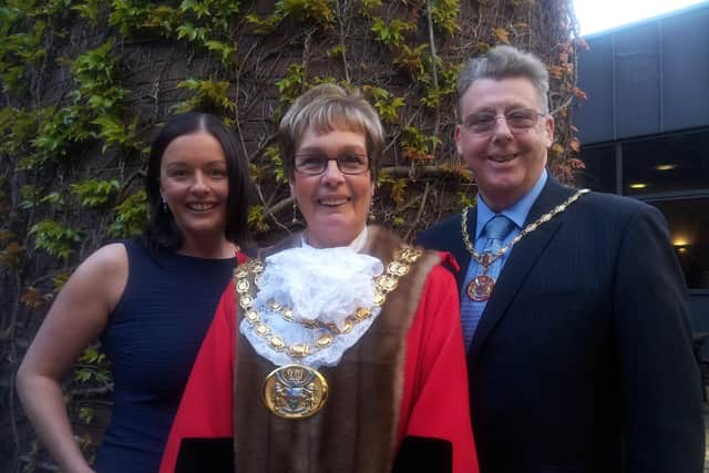 Dorothy when she was made Mayor of South Ribble in 2012, with daughter Ruth and husband Melvyn