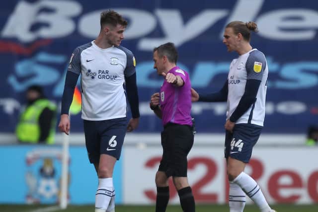 Referee Keith Stroud sends-off Preston North End defender Liam Lindsay in the 1-1 draw against Coventry City