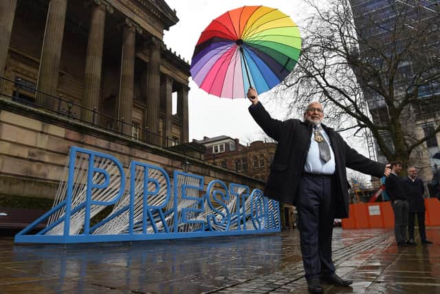 The Mayor of Preston, Coun Javed Iqbal unveiled the Preston Sculpture sign on the Flag Market on Wednesday.