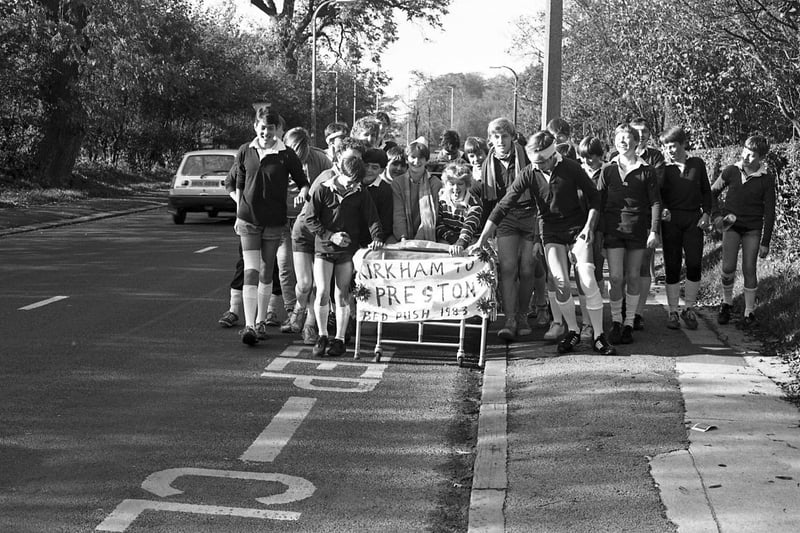 Pupils from Kirkham Grammar School take part in a sponsored bed push.
October 1983