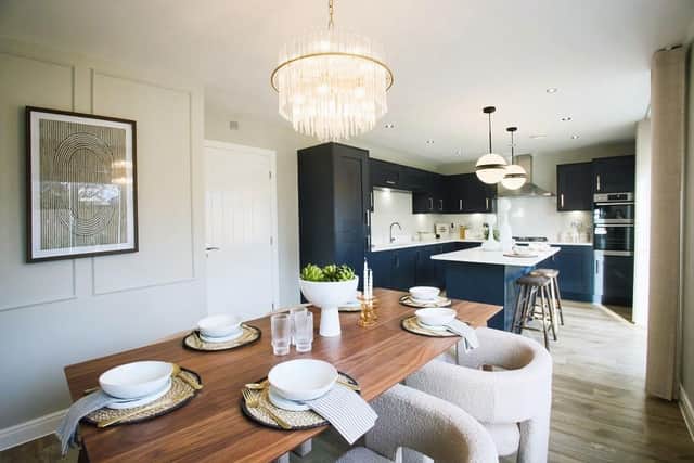 An open plan kitchen diner in the Wain Homes show home at Latune Gardens