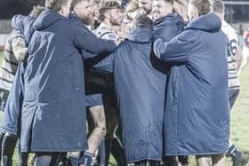 Preston Grasshoppers celebrate their last-gasp draw at Fylde RFC (photo: Mike Craig)