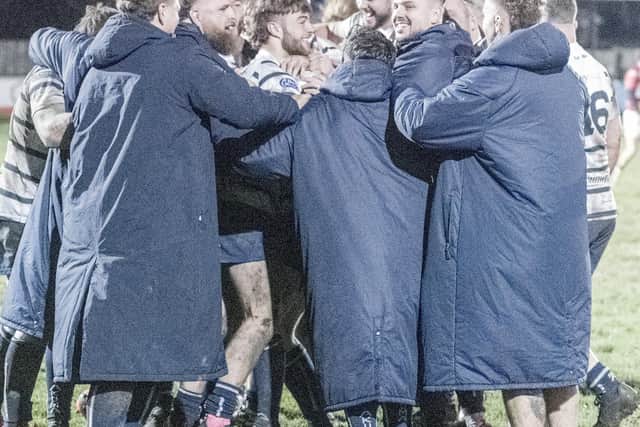Preston Grasshoppers celebrate their last-gasp draw at Fylde RFC (photo: Mike Craig)