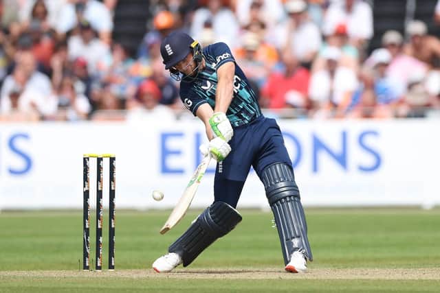 Jos Buttler hits the ball to the boundary during the 1st One Day International between Netherlands and England at VRA Cricket Ground (Photo by Richard Heathcote/Getty Images)