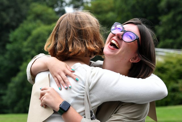 Sophia Courland celebrates her A-Level results at Cardinal Newman College