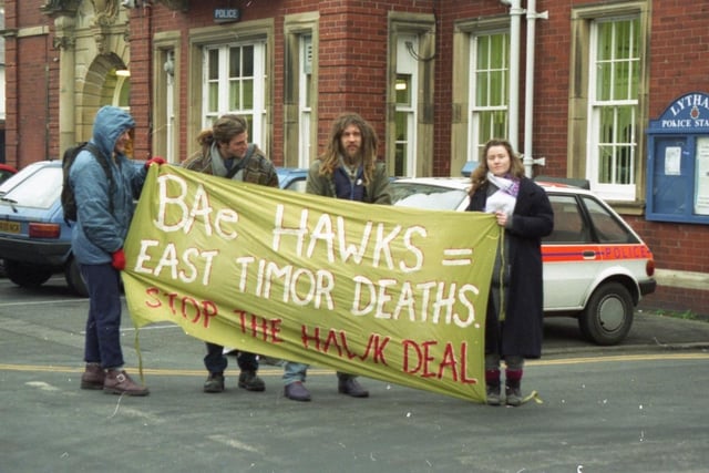 Three women accused of vandalising a multi-million pound fighter plane were remanded in custody despite claiming they should be free to carry on their campaign. In response to their arrest and subsequent charge of trespass and criminal damage, anti-BAe protestors gathered outside Lytham Magistrates' Court to protest