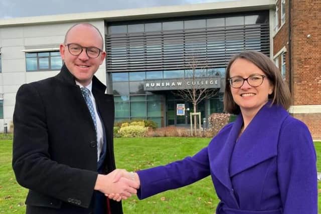 Lancashire Police and Crime Commissioner Andrew Snowden with Runshaw College Principle Clare Russell outside the Euxton Lane Campus