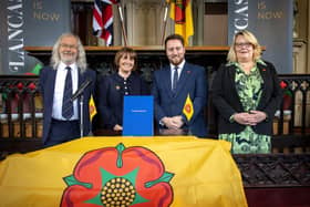 At the signing of Lancashire's devolution deal at Lancaster Castle in November: [from left] Blackburn with Darwen Council leader Phil Riley, Lancashire County Council leader Phillippa Williamson, Levelling Up Minister Jacob Young and Blackpool Council leader Lynn Williams after the devolution deal was signed at Lancaster Castle (image: Martin Bostock Photography)