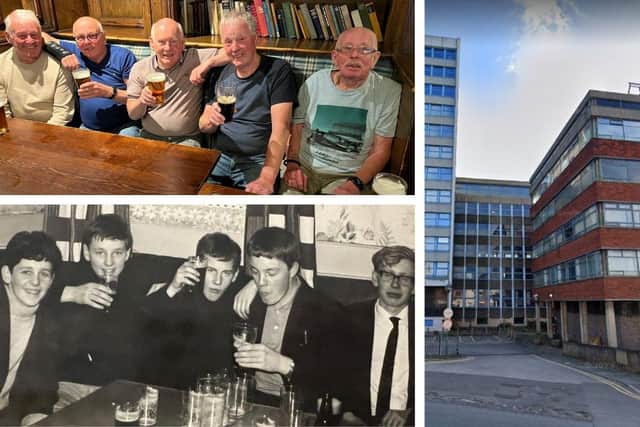 The men L to R are Tom Monks, Jack Billington, Martin Berry, Dave Morne and Pete Ward. Right image: the site of the old GPO HQ on Moor Lane now.