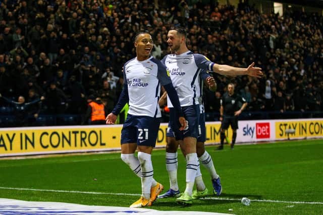 Alan Browne celebrates with Cameron Archer after the striker's winning goal for Preston North End against Blackpool