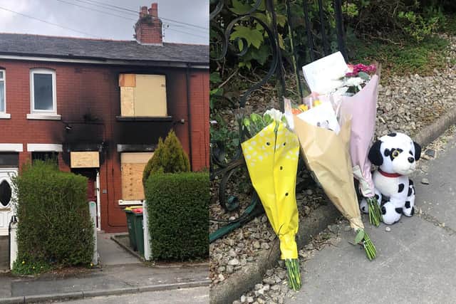 Flowers at the scene of a house fire in Preston in which two children died. (Credit: Eleanor Barlow/ PA)