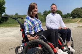 Manchester bombing survivor Martin Hibbert from Chorley pictured with Emma Cawood from Leeds. Martin, who climbed Mount Kilimanjaro has given Emma the specially adapted mountain trike he used to help her achieve her climbing dreams