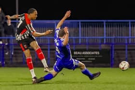 Kole Hall fires in an effort on the Curzon Ashton goal (photo: David Airey/dia_images)