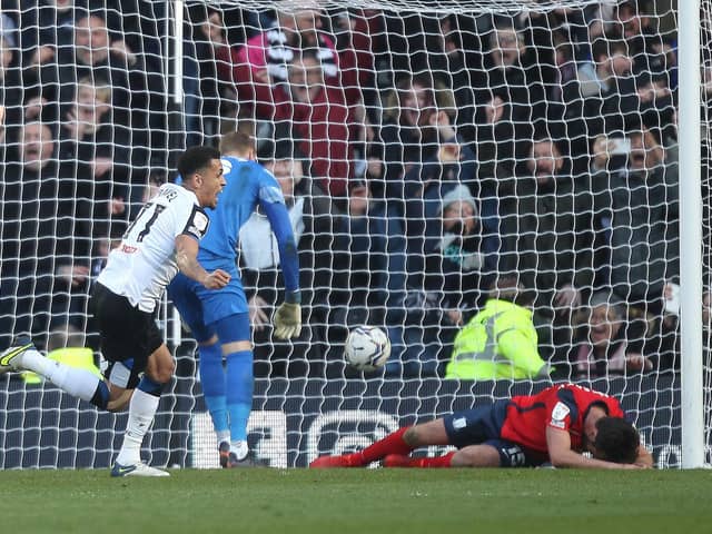 Derby County's Ravel Morrison scores the winning goal against PNE in April.