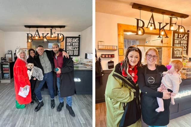 Left: Joanna Higson, Bhavna Limbachia, Aaron Heffernan and Parth Thakerar. Right: Bronagh Gallagher with Danielle. Credit: Baked.Cakes