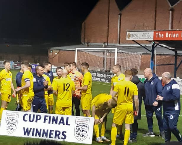 Fulwood Amateurs celebrate their LFA Amateur Shield final victory over Slyne with Hest