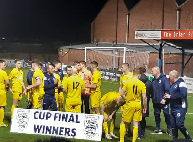 Fulwood Amateurs celebrate their LFA Amateur Shield final victory over Slyne with Hest