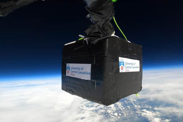 The balloon, launched by physics and engineering students at UCLan, as it reaches near space