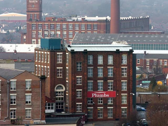 An interesting view of the Plumbs Factory in Ashton, with Tulketh Mill in the background, as seen in 2004 from St Walburge's church spire