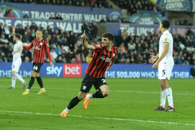 Preston North End's Tom Cannon celebrates scoring his side's first goal