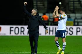 Preston North End manager Ryan Lowe celebrates after the match.