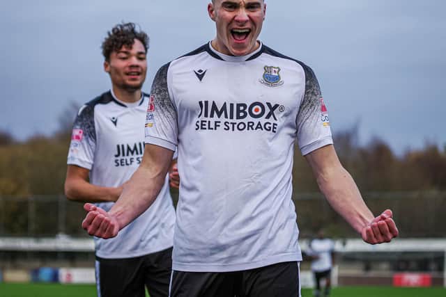 Harry Scarborough celebrates his opening goal (photo: Ruth Hornby)