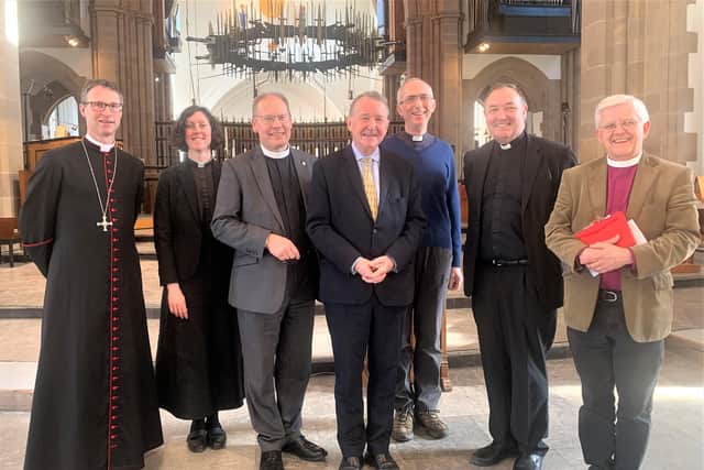 Pictured at the Festival of Faith in Daily Life and The Vine Community launch at the weekend are l-r Rt Rev. Philip North, Bishop of Burnley; Rev. Canon Dr Rowena Pailing, Canon Missioner at Blackburn Cathedral; the Dean of Blackburn, Very Rev. Peter Howell-Jones; Lord David Alton; the Venerable Mark Ireland, Archdeacon of Blackburn; the Venerable David Picken, Archdeacon of Lancaster and Rt Rev. Julian Henderson, Bishop of Blackburn