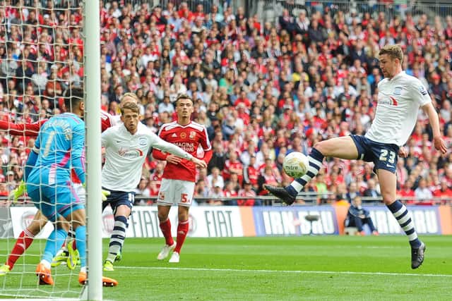 Paul Huntington scores for Preston North End against Swindon at Wembley
