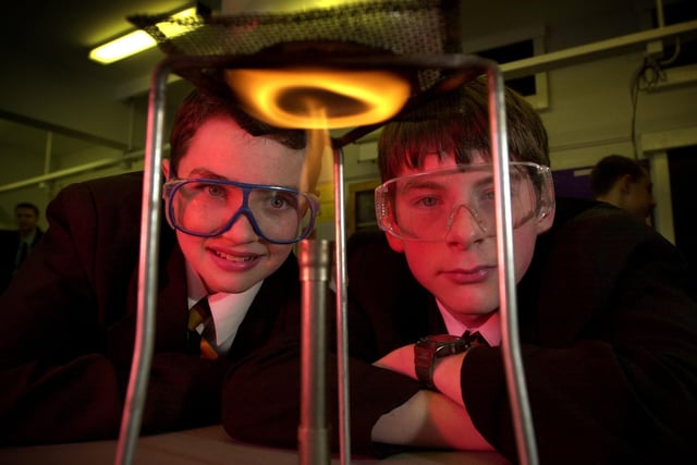 Hutton Grammar School year 10 pupils, from left, Craig Bolton, 14 and Robert Eades, 14,  in the science lab at the school at Hutton, near Preston