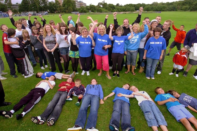 Some of the Park View 4U members and supporters who spelled out the word 'Thanks' , to be filmed from an aeroplane, for their video at Park View Playing Fields, Lytham
